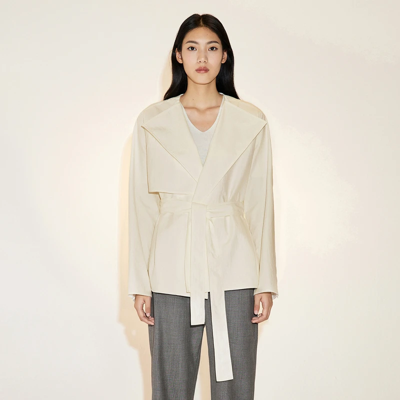 LESS春季棉质外套女简约休闲宽松翻领系带长袖气质夹克2N2613810