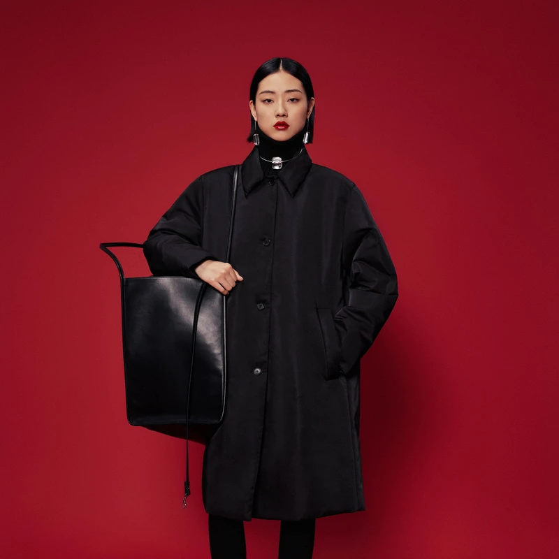 LESS秋冬90白鸭绒羽绒服女轻薄衬衫领长款风衣式外套2OBC11600