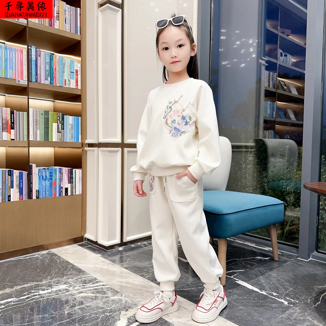 女童套装中大童国风汉服童装春秋新款复古刺绣长袖儿童两件套