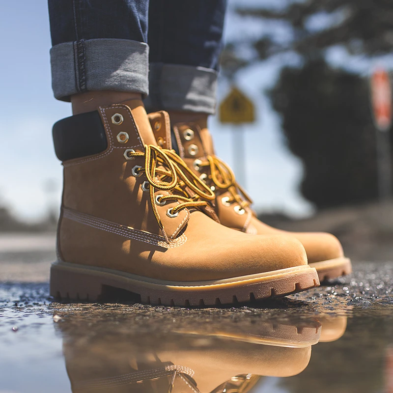 老刘美式复古大黄靴男春工装靴登山休闲皮鞋中帮厚底马丁靴