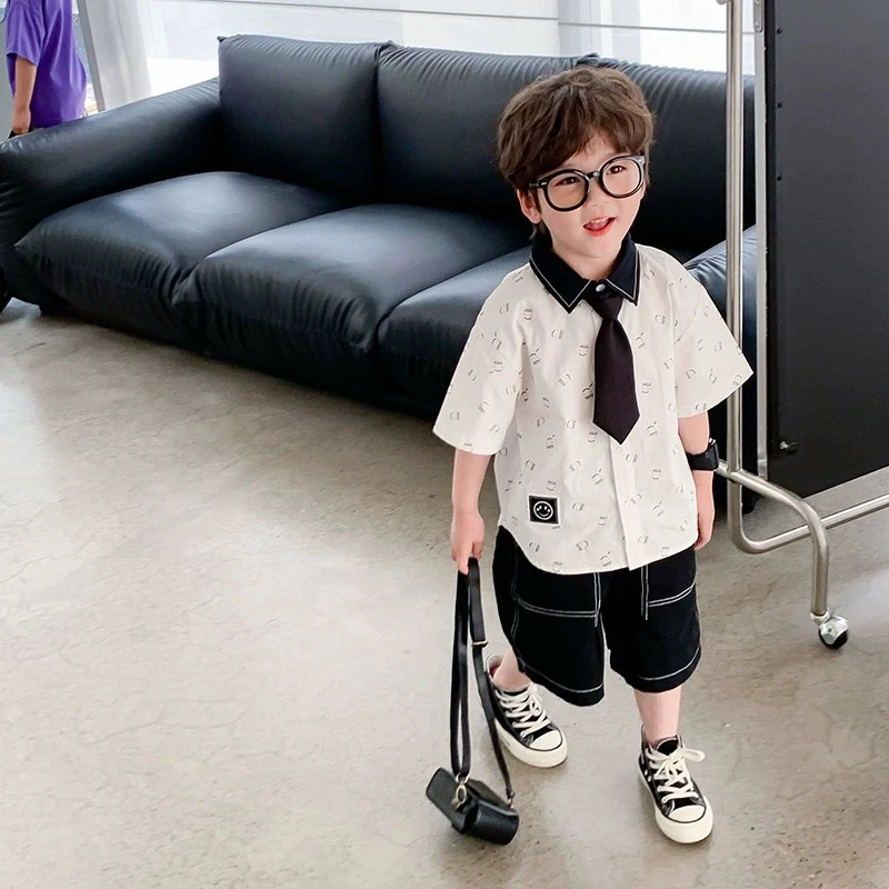 男童套装2024夏季新款韩版儿童白色夏装痞帅气小男孩衬衫两件套潮