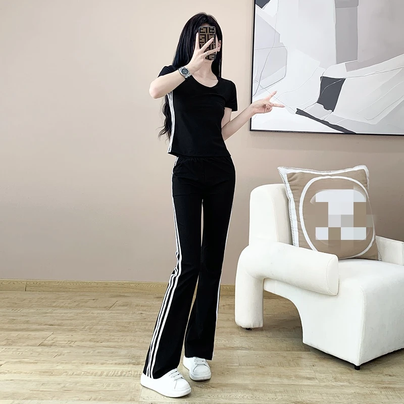 套装女2025新款夏爆款洋气显瘦时尚休闲运动健身服黑色九分两件套