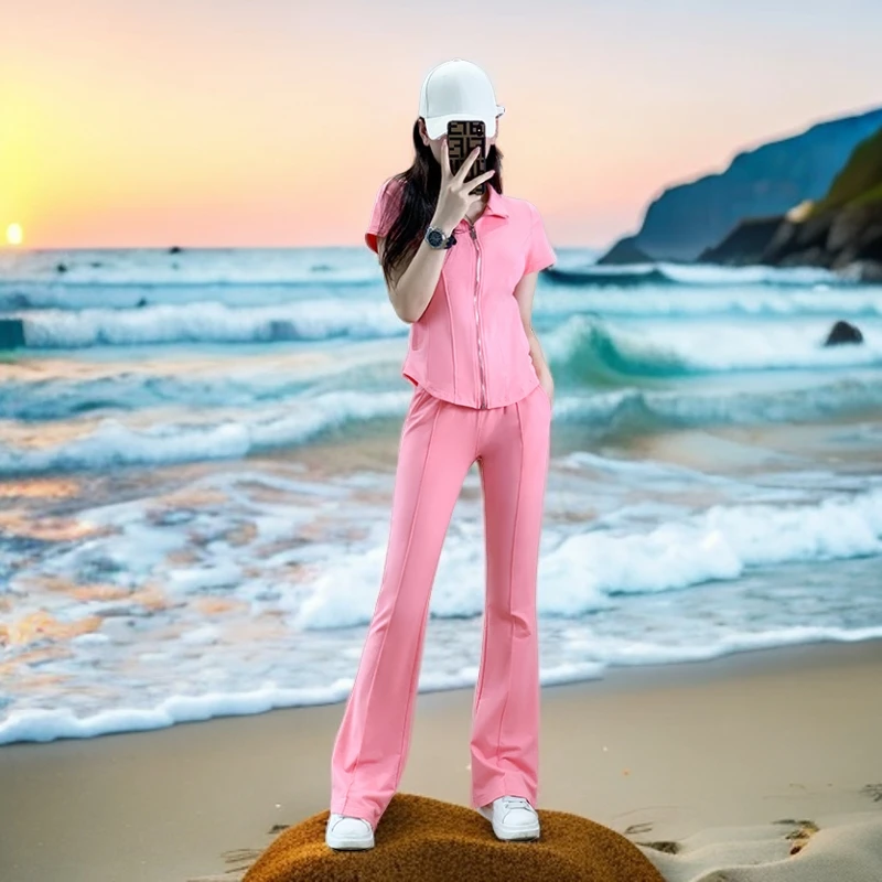 时尚夏季套装女夏洋气减龄粉色短袖搭配高腰微喇叭裤两件套