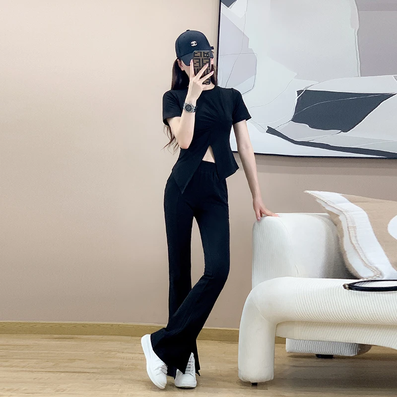 2024夏季新款女装黑色套装显瘦气质高腰开叉喇叭裤修身时尚两件套