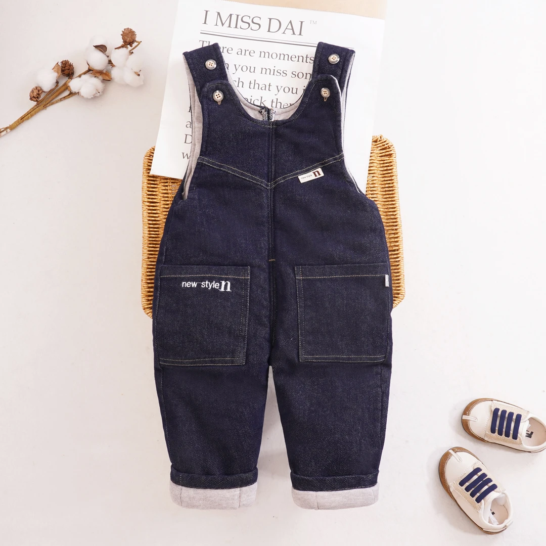 宝宝牛仔背带棉裤加棉秋冬季2024新款简约男宝女童连体裤外穿