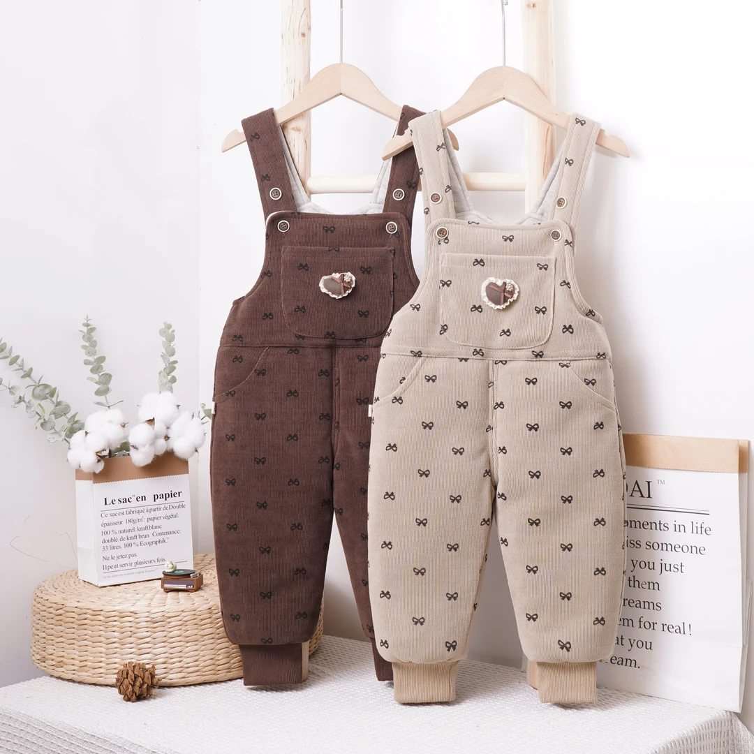 宝宝背带加厚棉裤秋冬季新款蝴蝶结柔软保暖女童洋气连体休闲裤