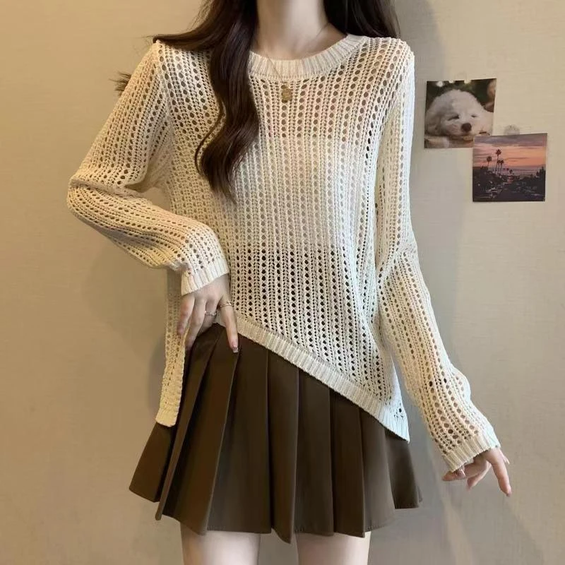 2025夏季薄款慵懒风垂感空调外搭罩衫女圆领不规则钩花镂空针织衫