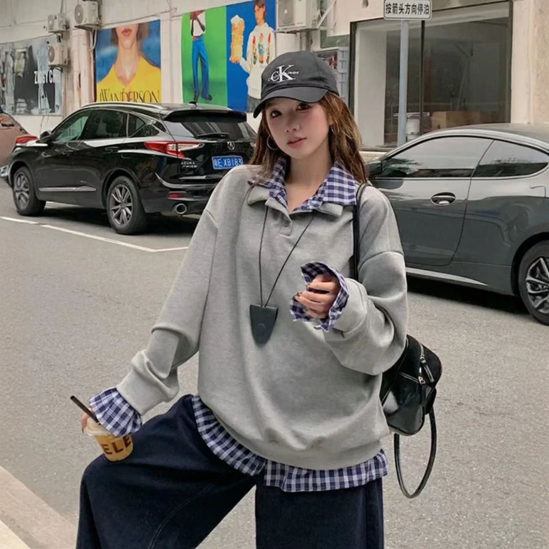 翻领纽扣中长款宽松卫衣女春秋POLO新款假两件格纹拼接长袖上衣潮