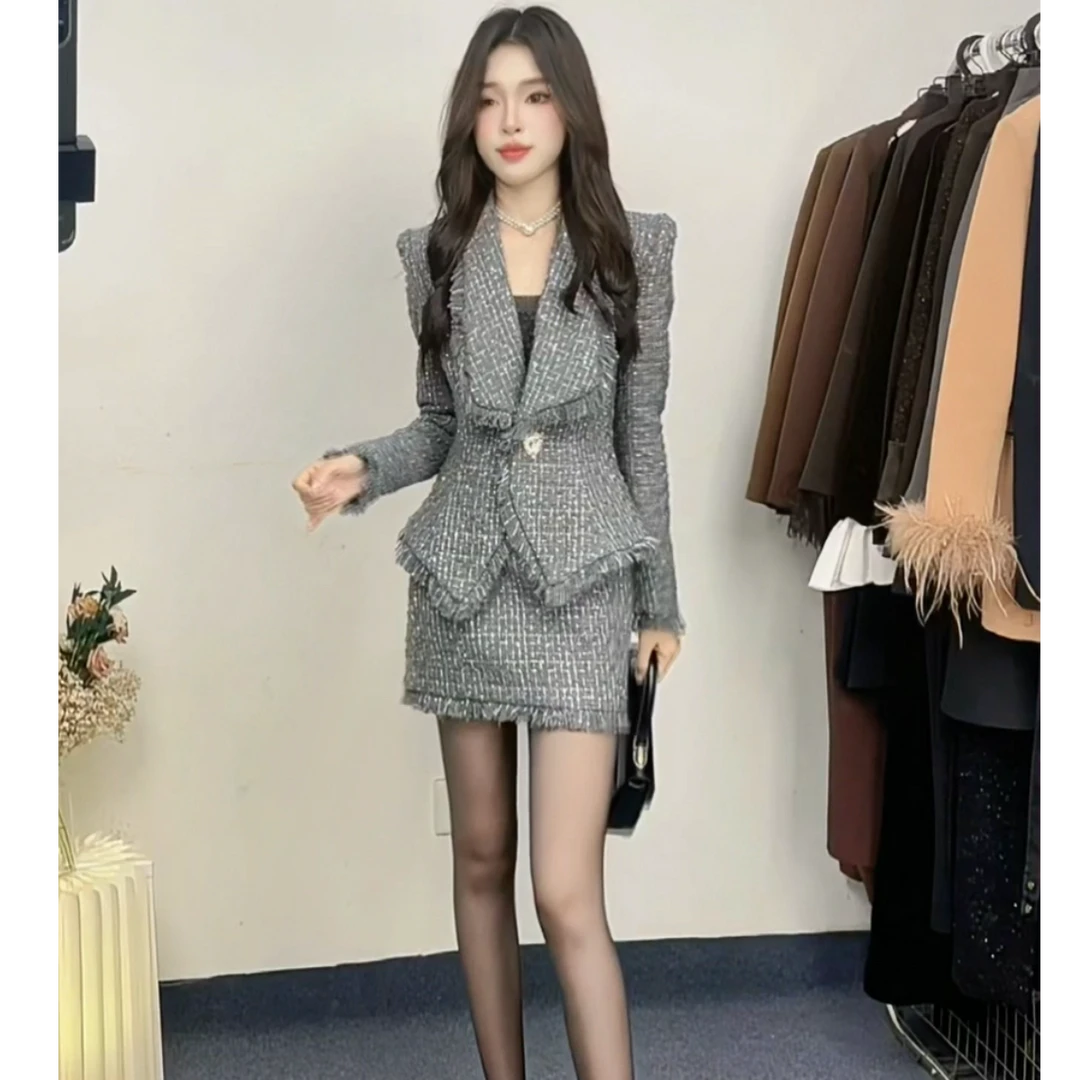 小香风收腰显瘦气质夹棉外套女秋冬季套装显瘦包臀两件套装9237