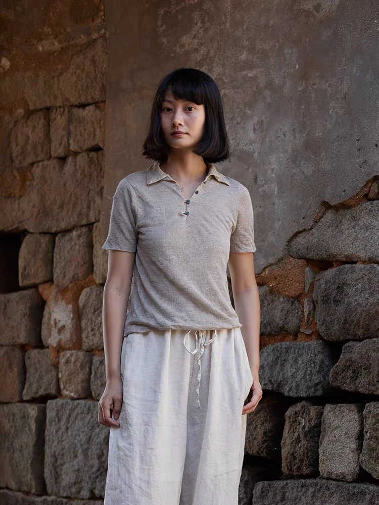 左岸迷香春夏亚麻百搭翻领针织T恤Z24SS7001