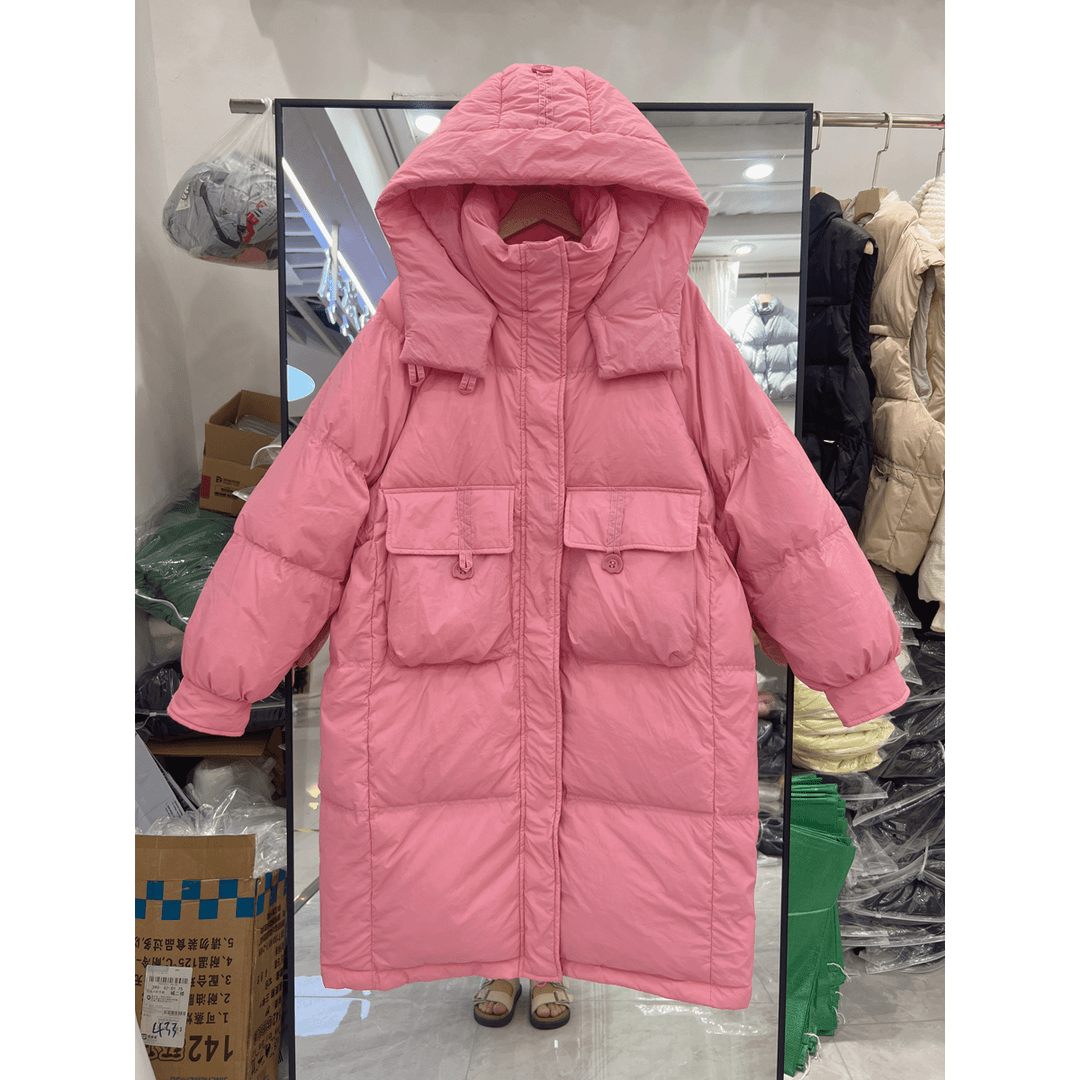 2023年韩版反季新款羽绒服女中长款连帽白鸭绒过膝加