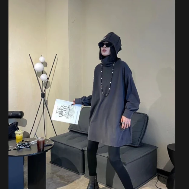 【HJ大码】9581时尚大码高领打底慵懒风卫衣长袖休闲宽松中长款韩版