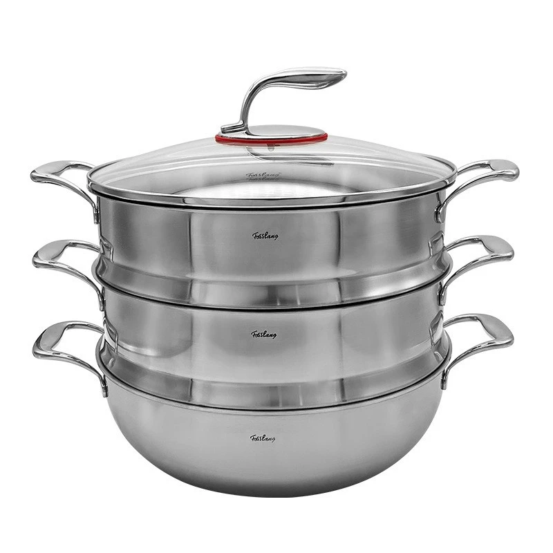 18/10不锈钢蒸锅蒸屉家用三层多功能加厚煎炒锅汤蒸锅32cm