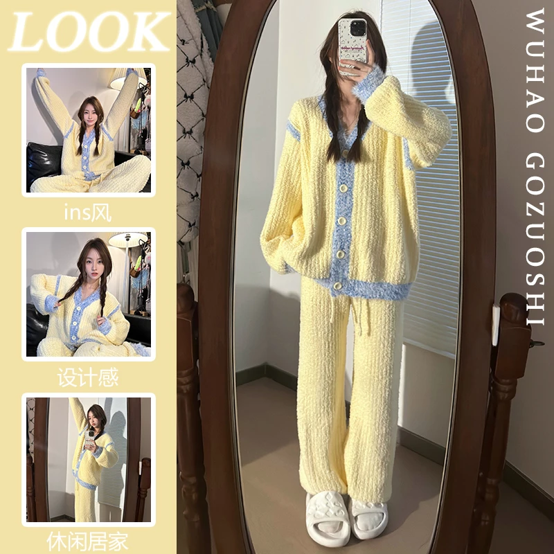 高级小香风保暖半边绒睡衣女冬季加厚加绒2024新款长裤家居服套装