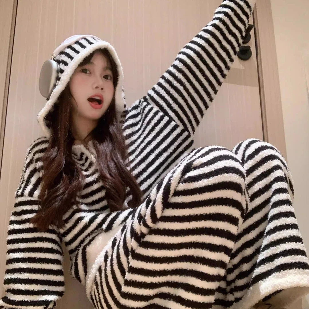 韩版条纹连帽半边绒睡衣女加绒加厚冬季毛绒针织家居服套装可外穿
