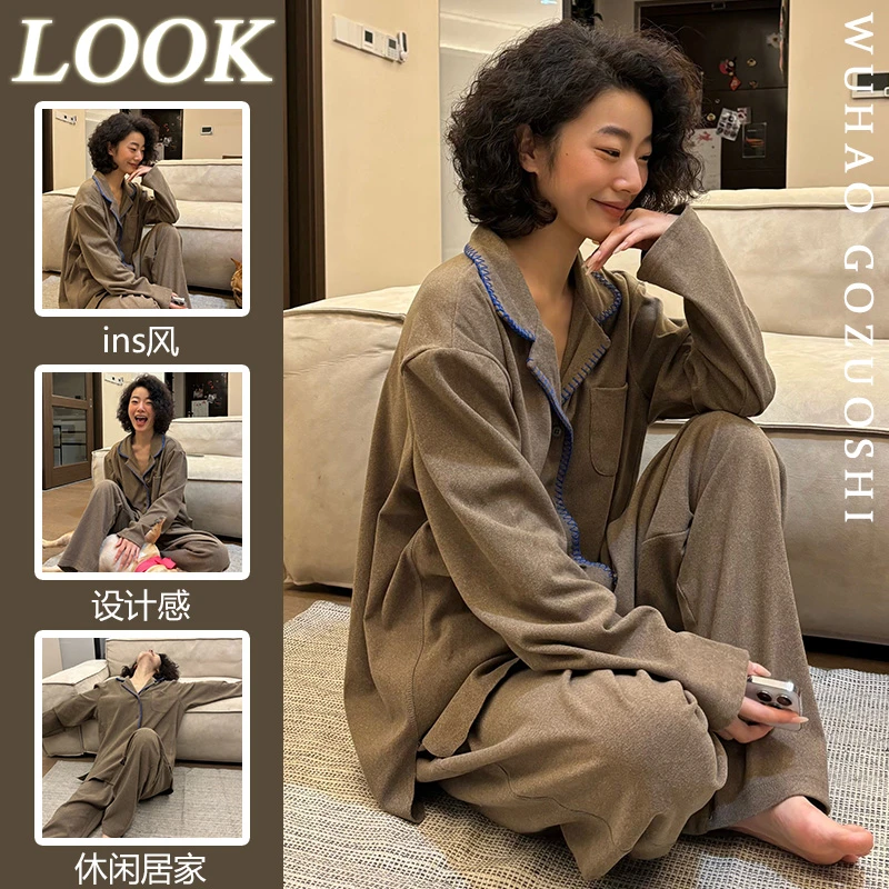 纯色韩版时尚德绒开衫睡衣女冬季加厚加绒2024新款保暖家居服套装