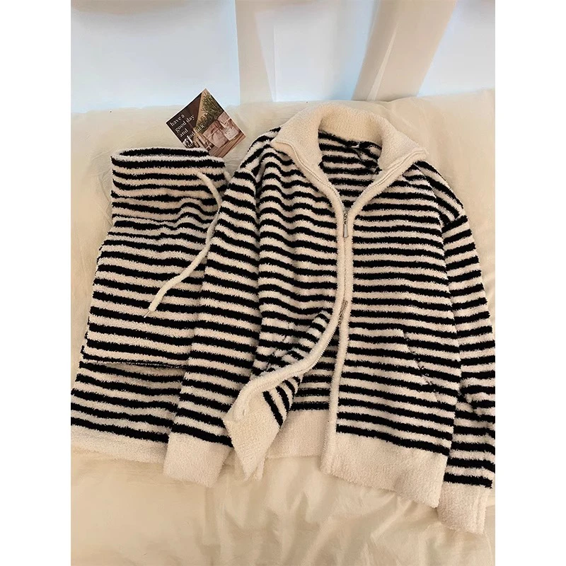 高领半边绒条纹睡衣女款2024冬季加绒加厚毛绒针织舒适家居服套装