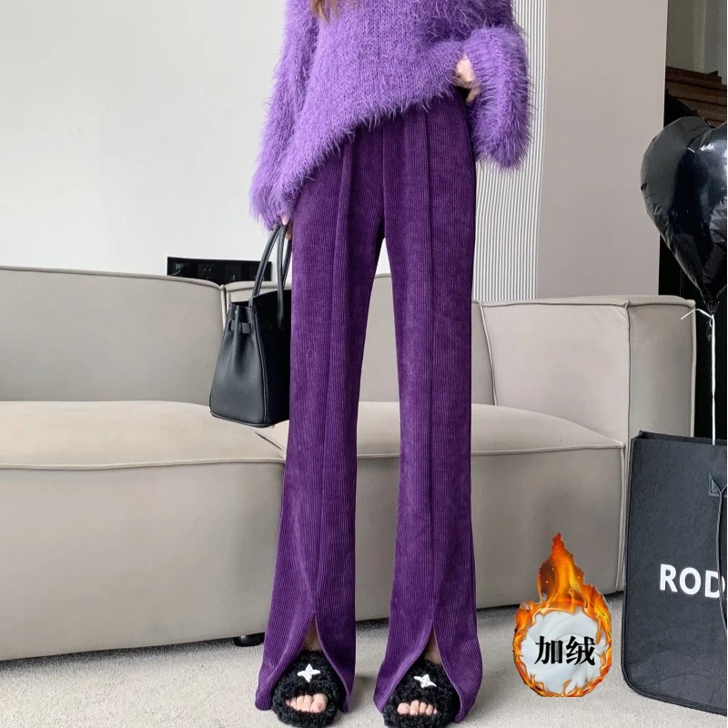 灯芯绒裤子女加绒加厚秋冬开叉微喇阔腿裤高腰直筒垂感拖地裤254