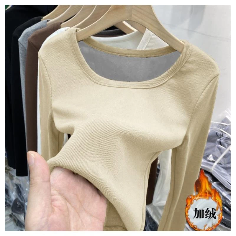 冬季新款保暖打底衫内衣女加绒加厚修身内搭圆领长袖T恤上衣489