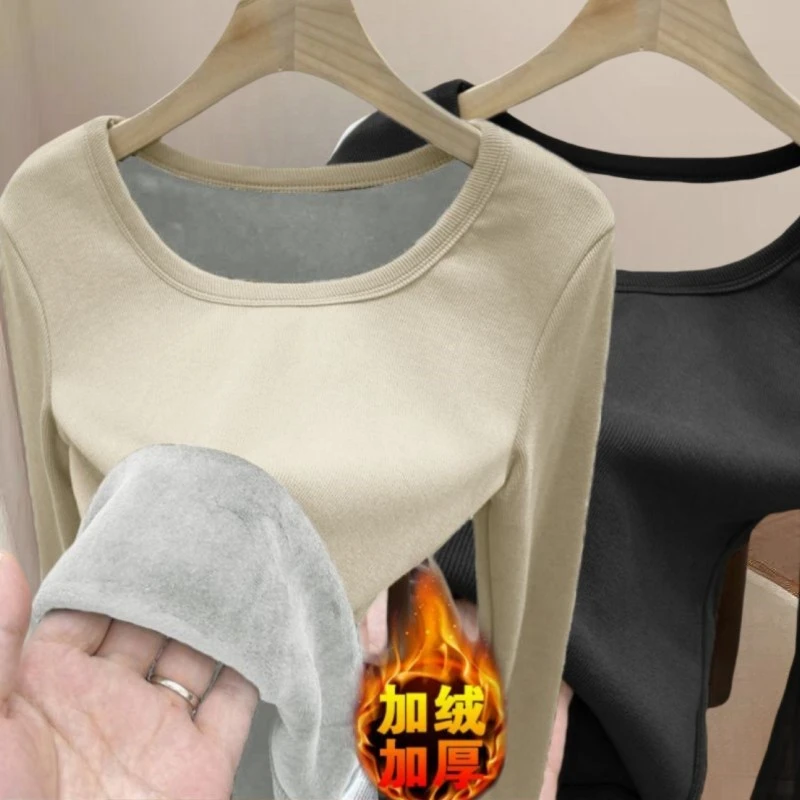 冬季新款保暖打底衫内衣女加绒加厚修身内搭圆领长袖T恤上衣NBVCE