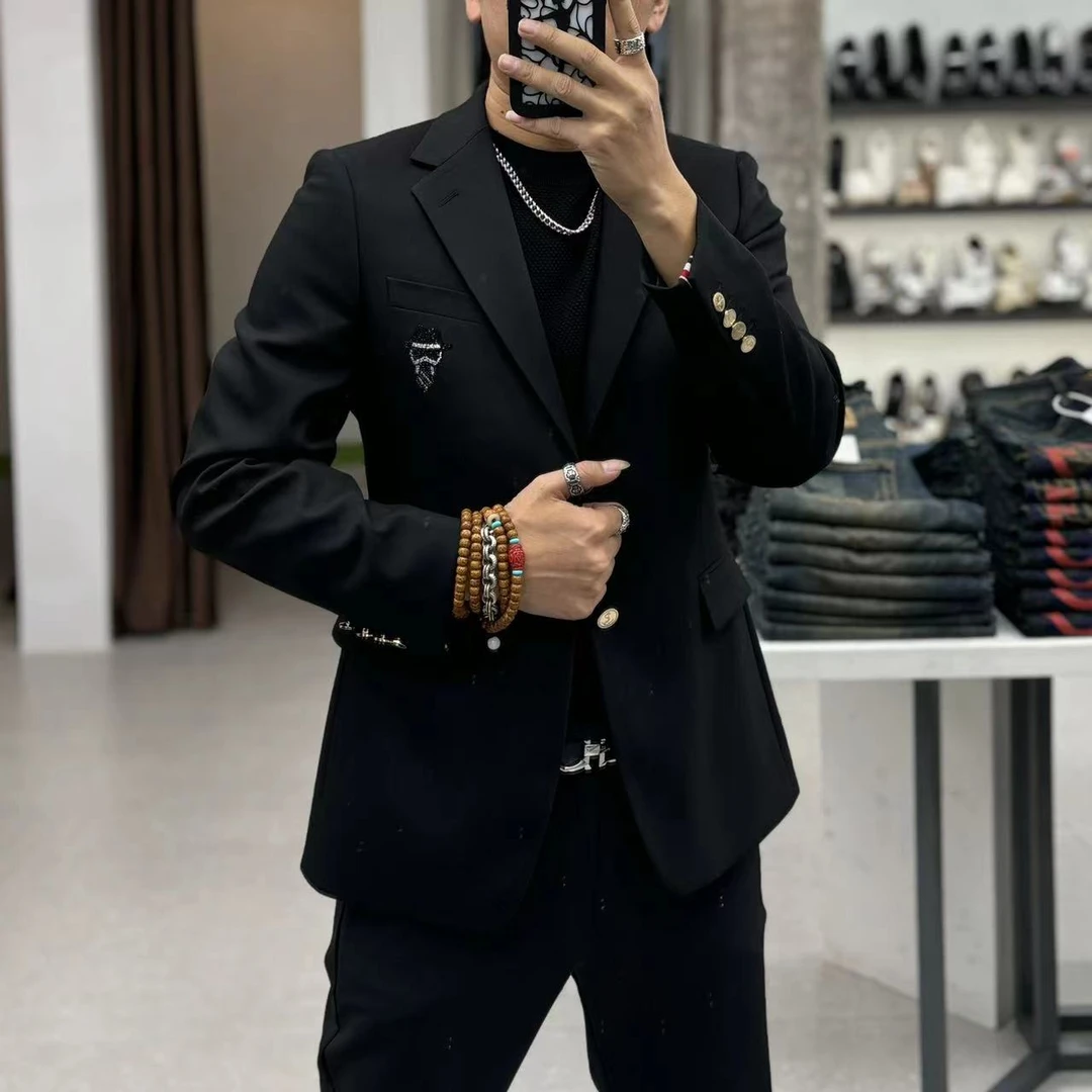 男装新款休闲时尚西服男士修身韩版上衣黑色百搭帅气潮流小西装