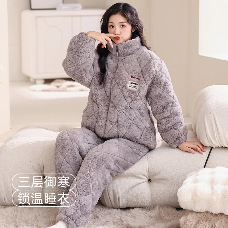 冬季睡衣三层夹棉法兰绒休闲加绒加厚保暖连帽珊瑚绒家居服套装