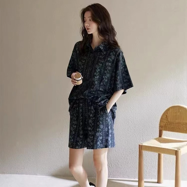 薄款短袖衬衫短裤纯棉睡衣女夏季新款显瘦遮肉休闲套装家居服