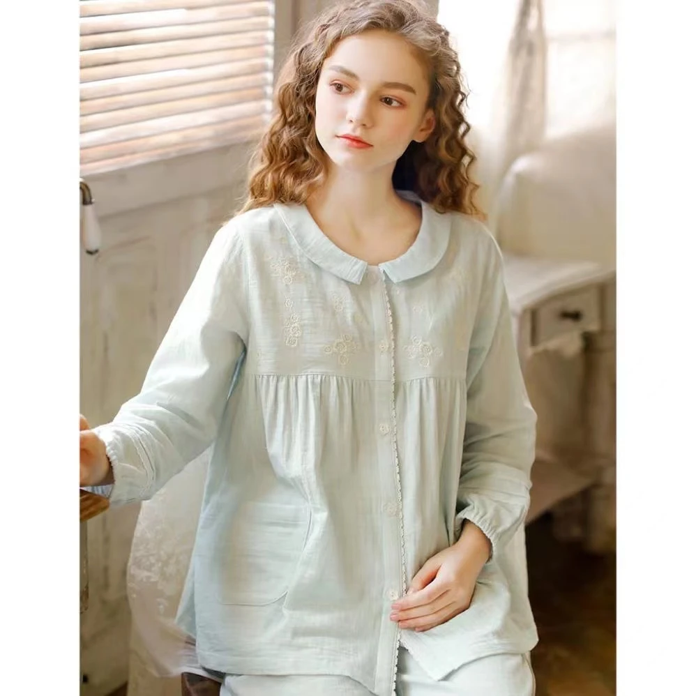 公主风长袖圆领两件套装日系甜美春秋纯棉纱布薄款刺绣家居服睡衣