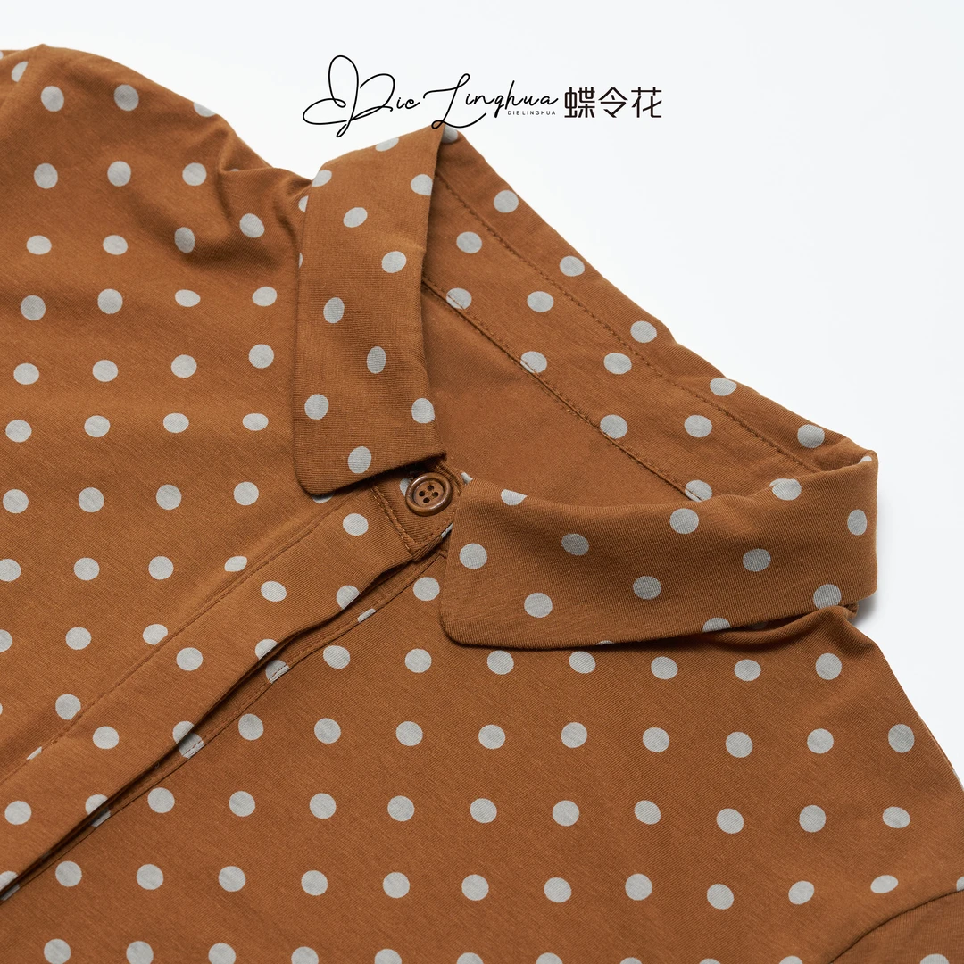 蝶令花春季时尚休闲波点中长款衬衫连衣裙24002