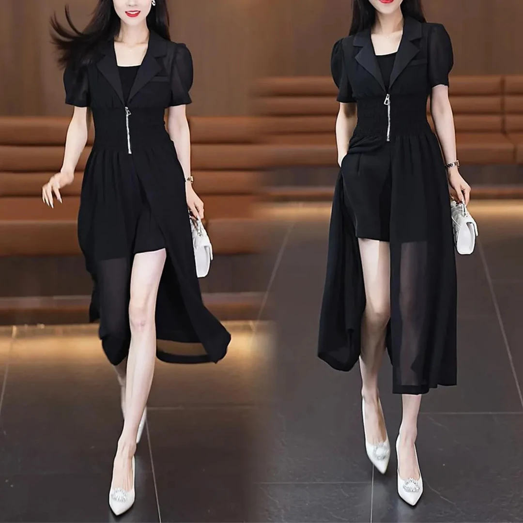 时尚气质短袖夏季新款连衣裙套装小个子法式韩版显瘦减龄三件套装