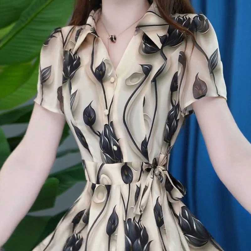 时尚短袖连衣裙女2025年夏季新款气质收腰显瘦中长款印花休闲裙子