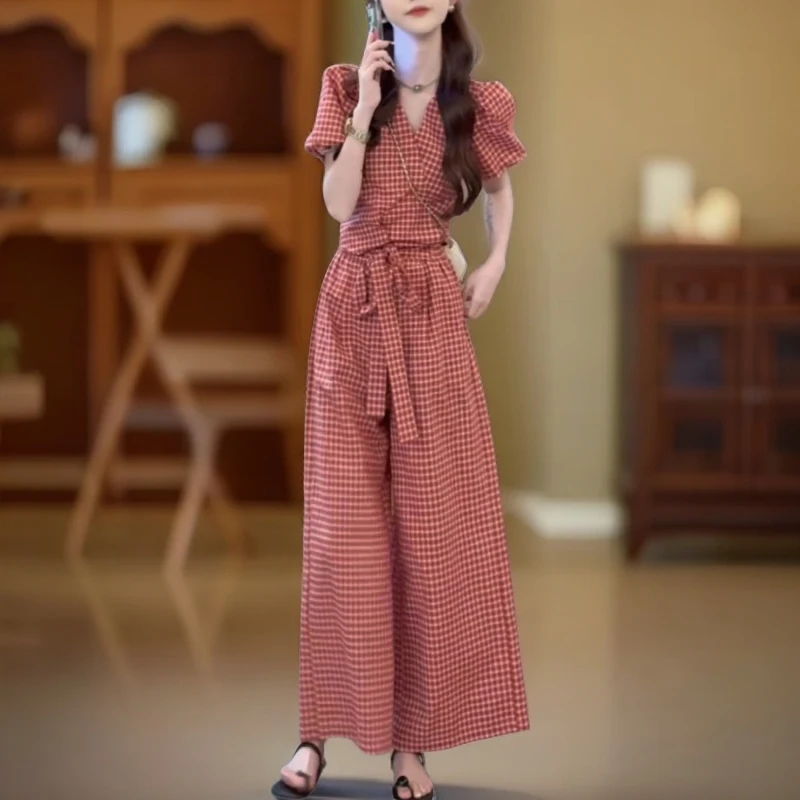 2025夏季新款小个子复古显瘦格子短袖上衣阔腿裤子休闲两件套装女