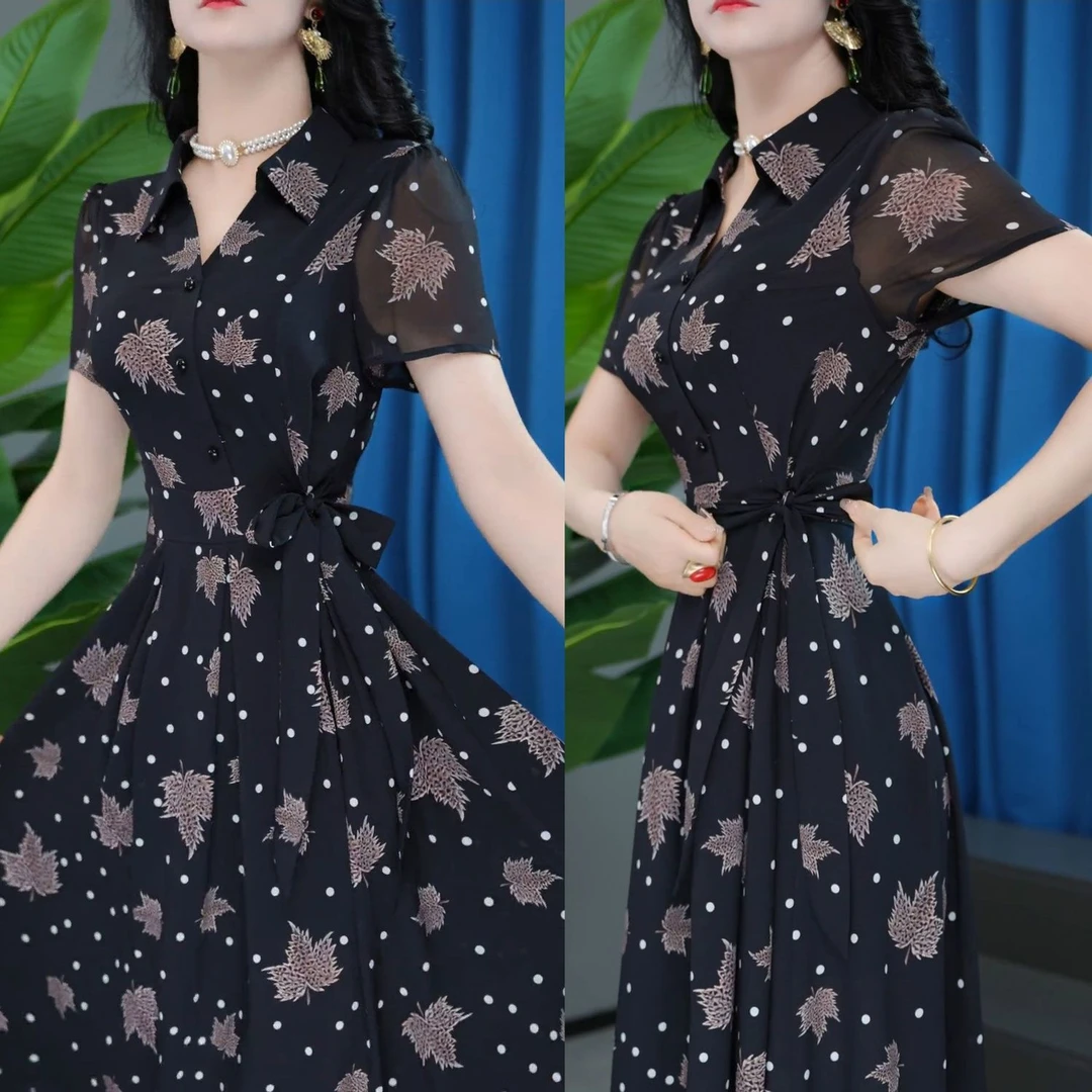 时尚复古印花连衣裙女2025夏季新款气质系带收腰显瘦中长减龄裙子