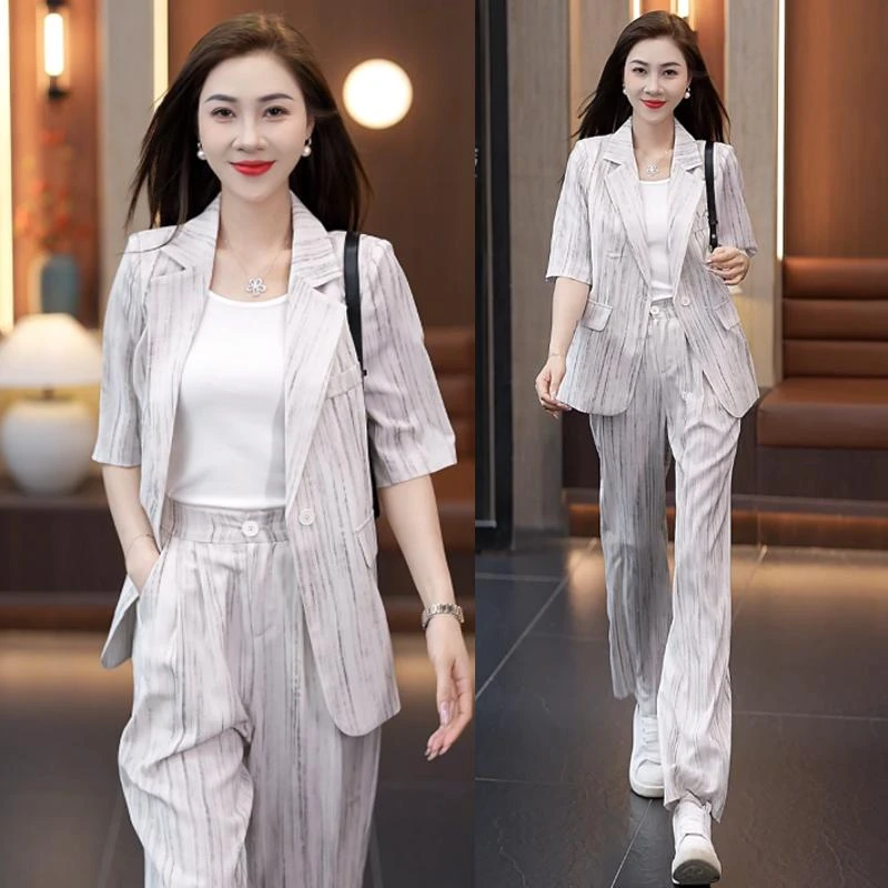 2026夏季新款时尚薄款西装套装女洋气韩版显瘦垂感阔腿裤两件套装