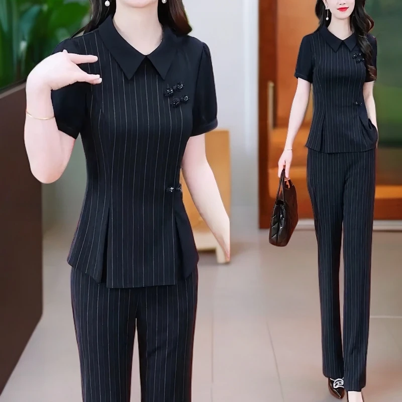 2025夏季新款气质显瘦国风盘扣条纹短袖上衣微喇叭裤休闲两件套装