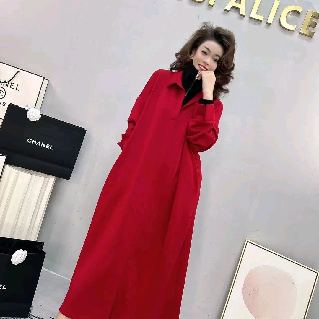 加绒加厚假两件连衣裙女2025秋冬新款时尚洋气收腰显瘦中长款裙子