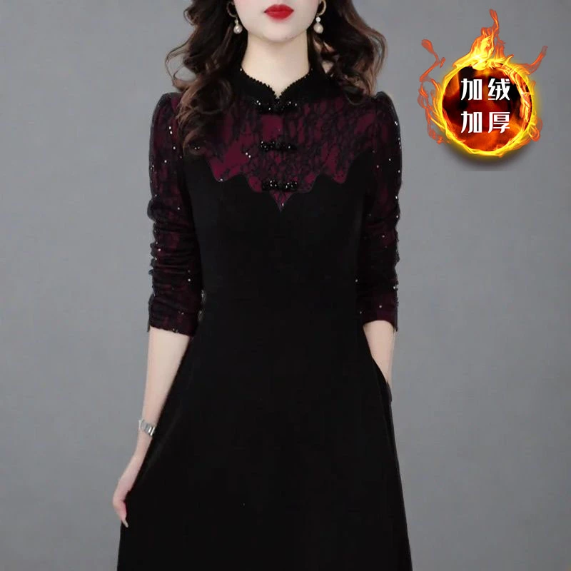 时尚假两件拼接连衣裙女2025冬季新款洋气显瘦中长款加绒打底裙子