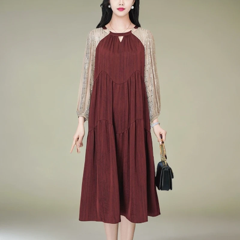 2025秋季新款时尚长袖连衣裙气质宽松显瘦设计感亮片拼接休闲裙子