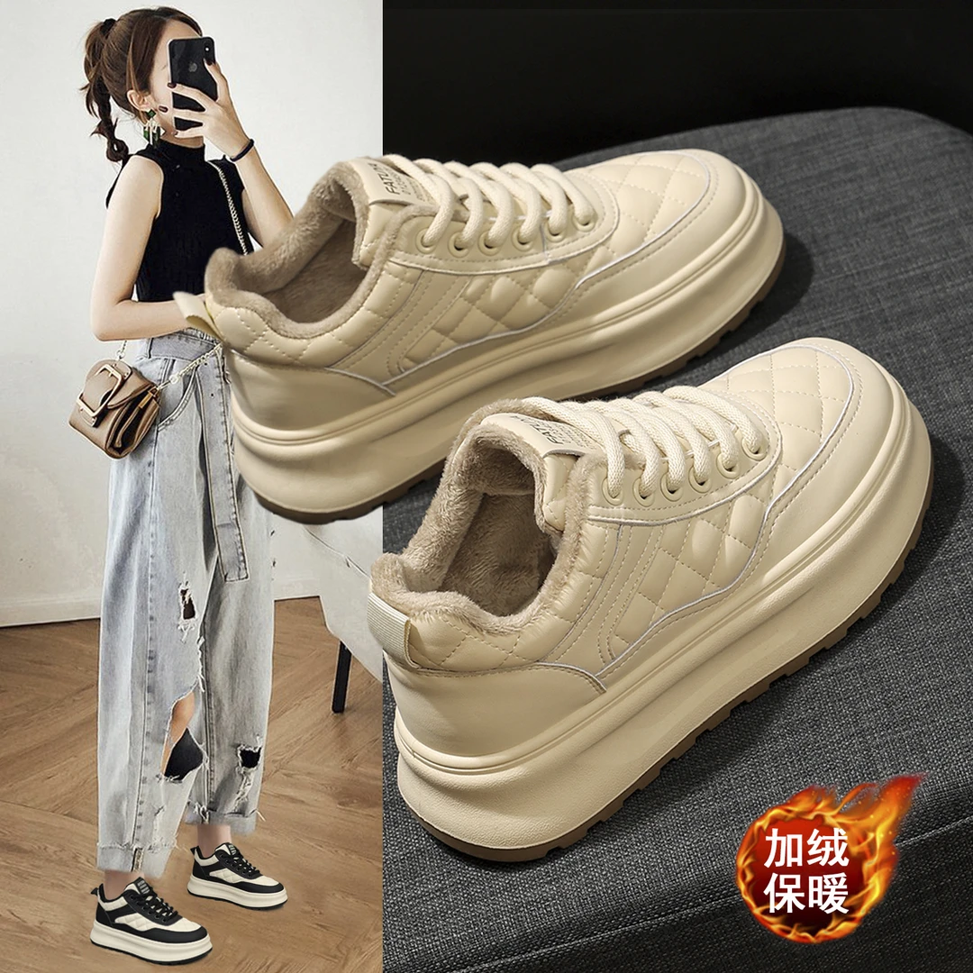 法图雅冬季高帮加绒厚底小白鞋时尚厚底百搭爆款女鞋防滑保暖【梦】