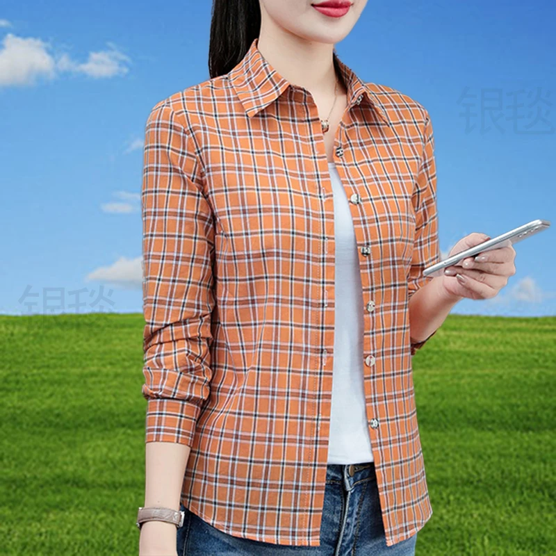 纯棉格子衬衫女长袖2023秋新款宝藏衣橱洋气外穿衬衣修身百搭上衣