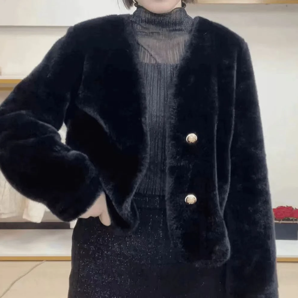 爆款高端轻奢气质V领欧貂绒皮毛一体短款女毛毛外套