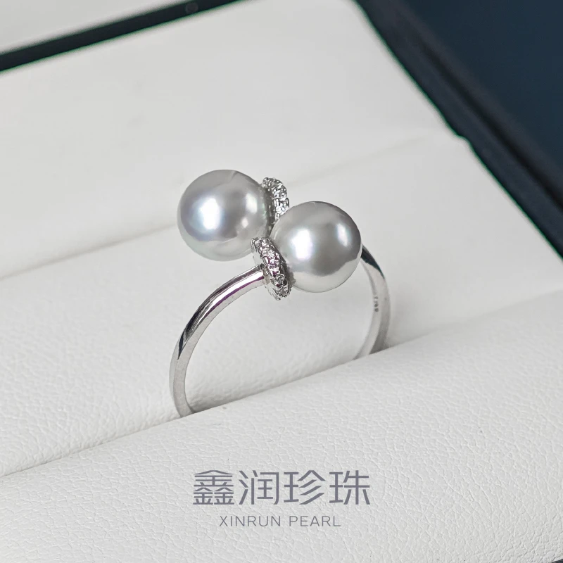 S925银镶嵌日本海水珍珠Akoya戒指开口戒7-8MM时尚百搭多样性发一