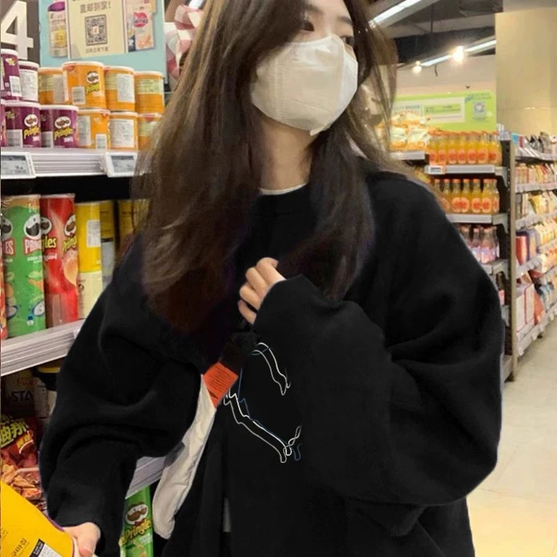 大码女装胖mm美式复古加绒加厚卫衣外套美式宽松高级感情侣装印花