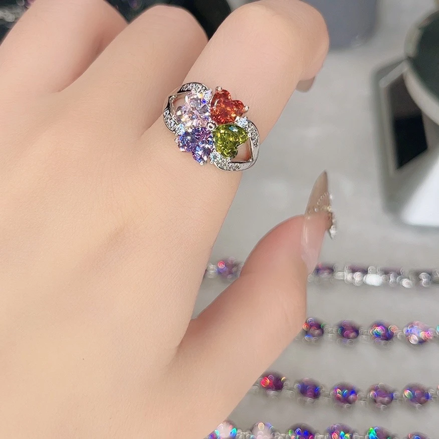 铜合金锆石戒指 3008彩色四叶草开口戒指