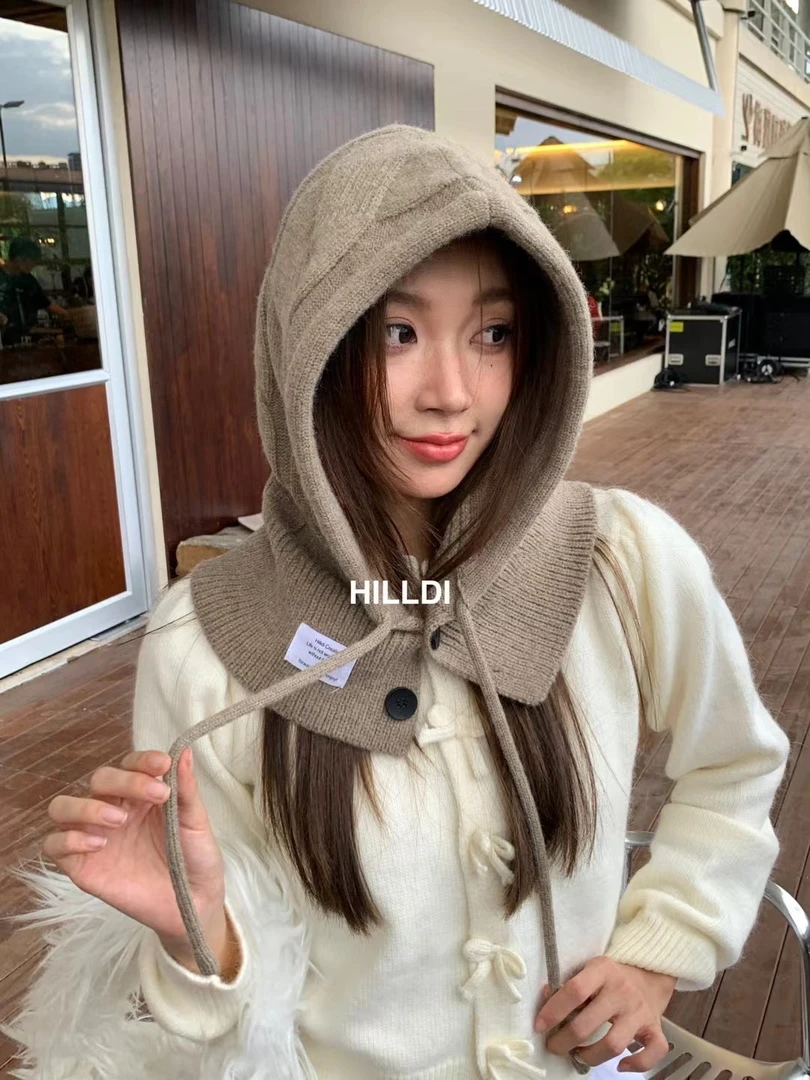 韩系大麻花巴拉克拉法帽子女冬季保暖帽子围脖一体护耳毛线针织帽