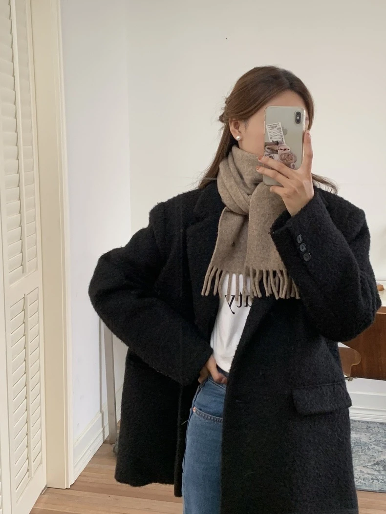 出口韩国原单~纯色羊毛混纺围巾女冬季高级感软糯网红针织围脖ins