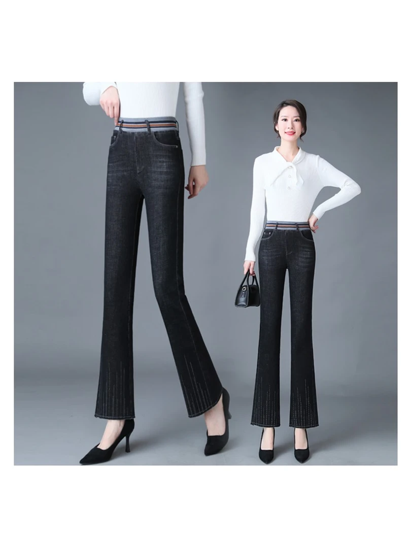 春秋季新款松紧高腰弹力微喇裤显瘦修身休闲时尚薄款微喇叭牛仔裤