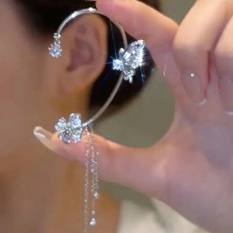 蝴蝶流苏锆石耳挂无耳洞高级感小众超仙镶钻轻奢耳骨夹仙气耳夹