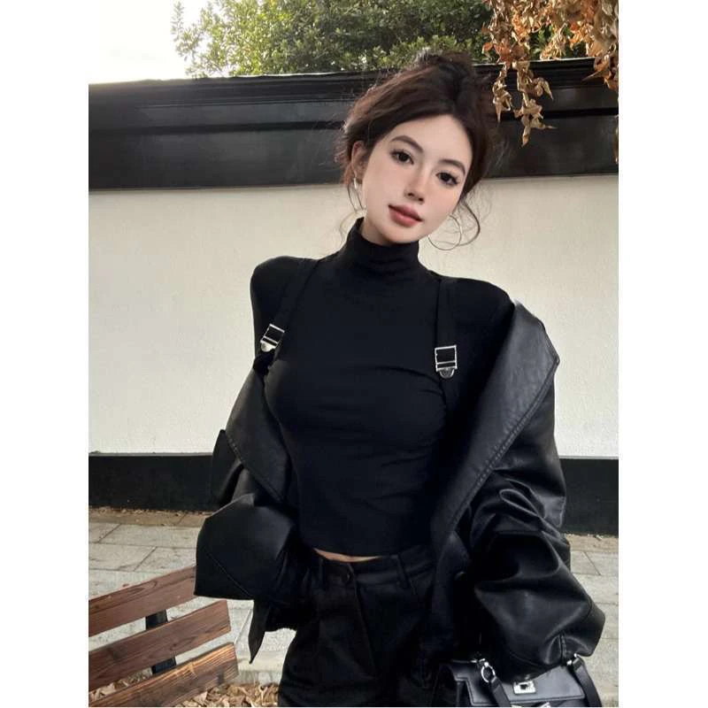 美式辣妹高领长袖T恤女秋季加厚修身打底衫黑色短款内搭上衣女