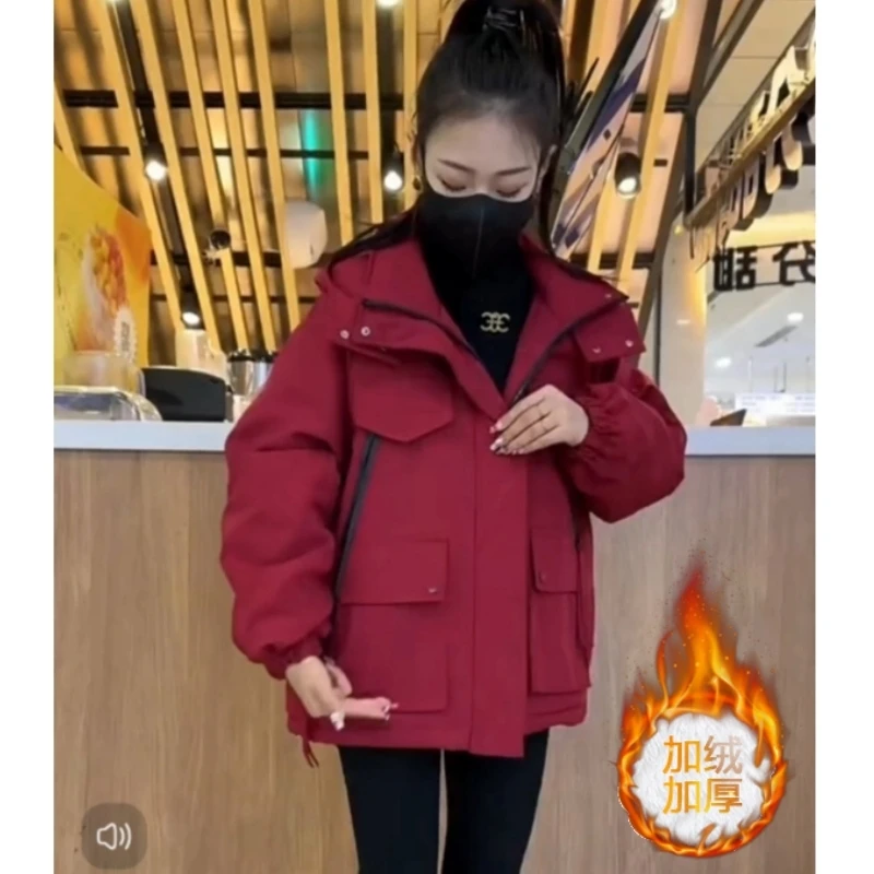 加绒连帽冲锋衣棉衣外套女2024冬季新款宽松工装棉服短款加厚棉袄